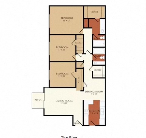 Floor plan for 3 beds, 2 baths, 1150 sqft